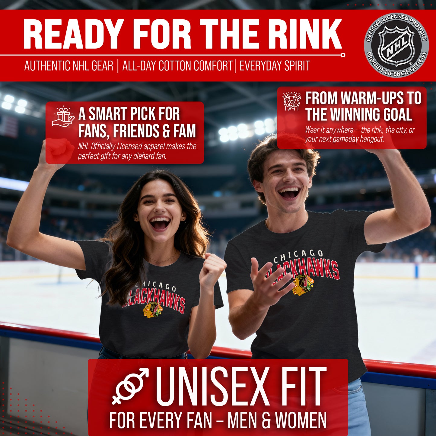 Chicago Blackhawks NHL Adult Powerplay Heathered Unisex T-Shirt - Black Heather