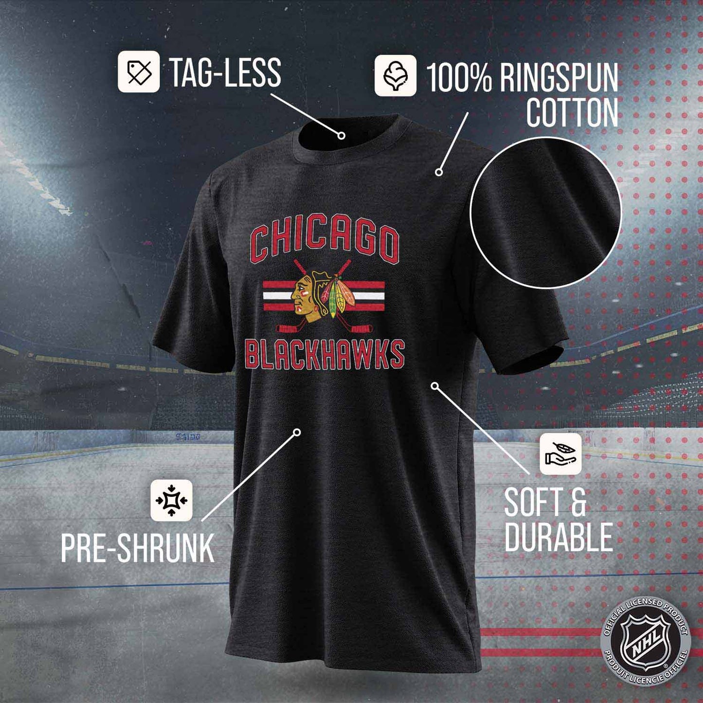 Chicago Blackhawks NHL Adult Faceoff Tag-Less T-Shirt - Black