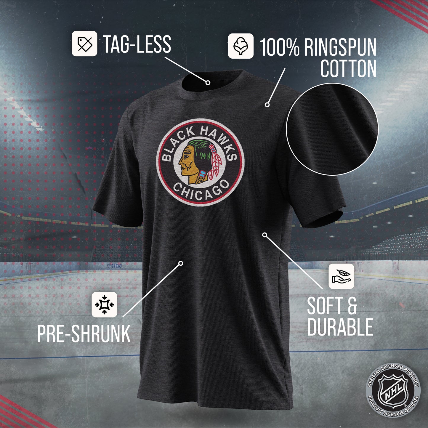 Chicago Blackhawks NHL Adult Retro Logo Tag-Less T-Shirt - Black Heather