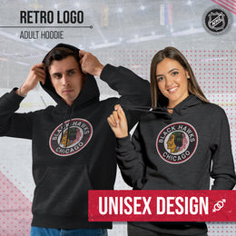 Chicago Blackhawks Adult NHL Retro Logo Hockey Fleece Hooded Sweatshirt - Black Heather