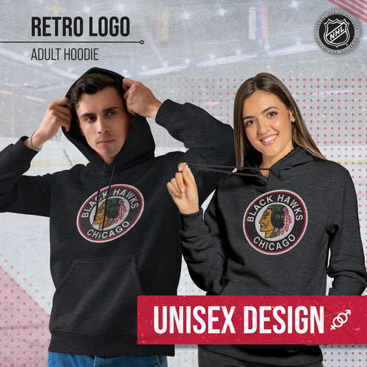 Chicago Blackhawks Adult NHL Retro Logo Hockey Fleece Hooded Sweatshirt - Black Heather