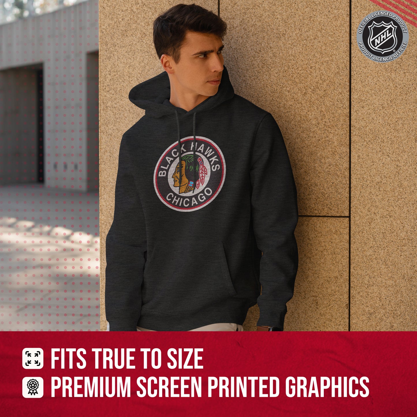 Chicago Blackhawks Adult NHL Retro Logo Hockey Fleece Hooded Sweatshirt - Black Heather