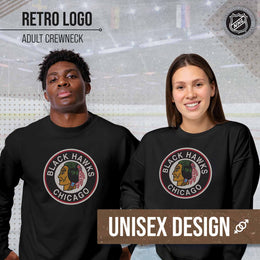 Chicago Blackhawks Adult NHL Retro Logo Hockey Fleece Crewneck Sweatshirt - Black Heather