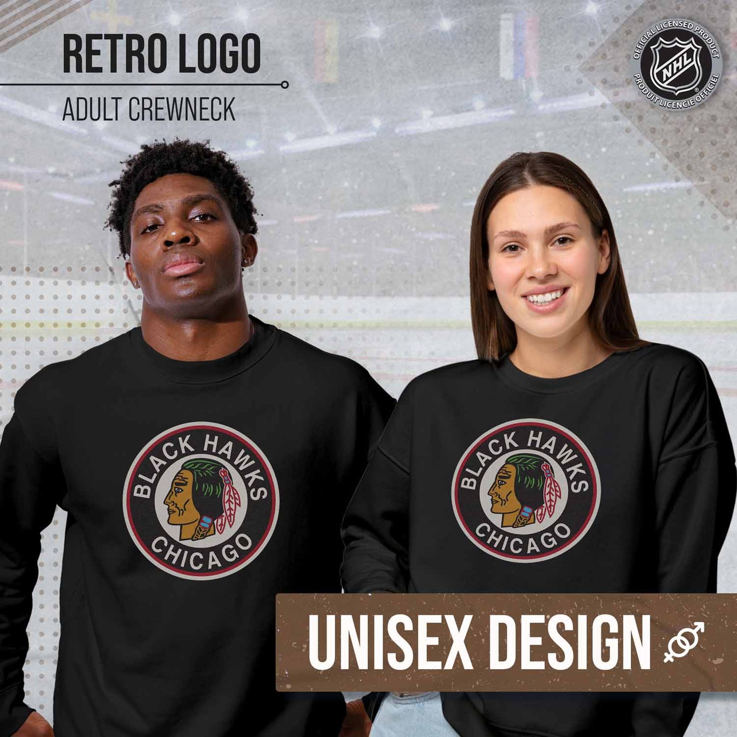 Chicago Blackhawks Adult NHL Retro Logo Hockey Fleece Crewneck Sweatshirt - Black Heather