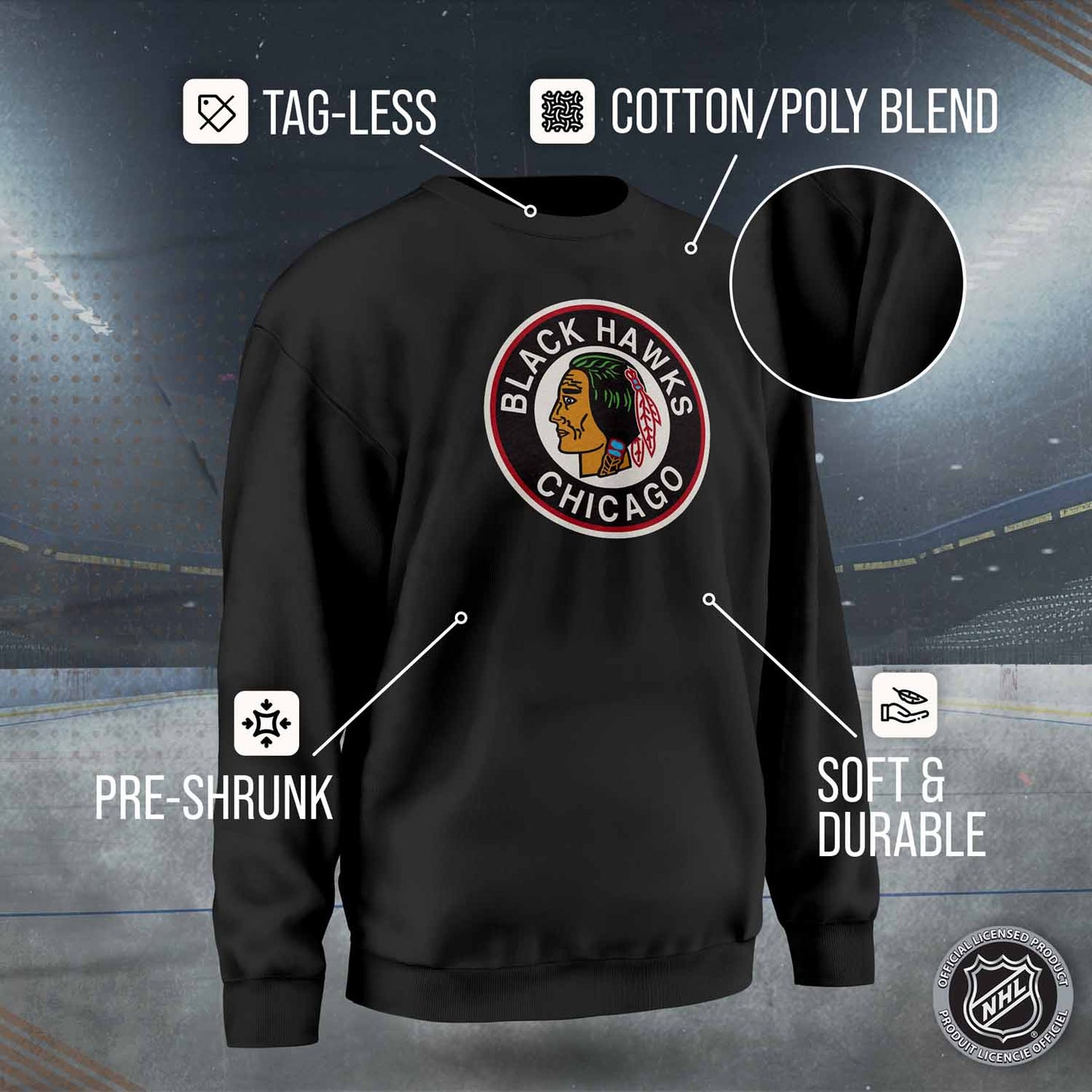 Chicago Blackhawks Adult NHL Retro Logo Hockey Fleece Crewneck Sweatshirt - Black Heather