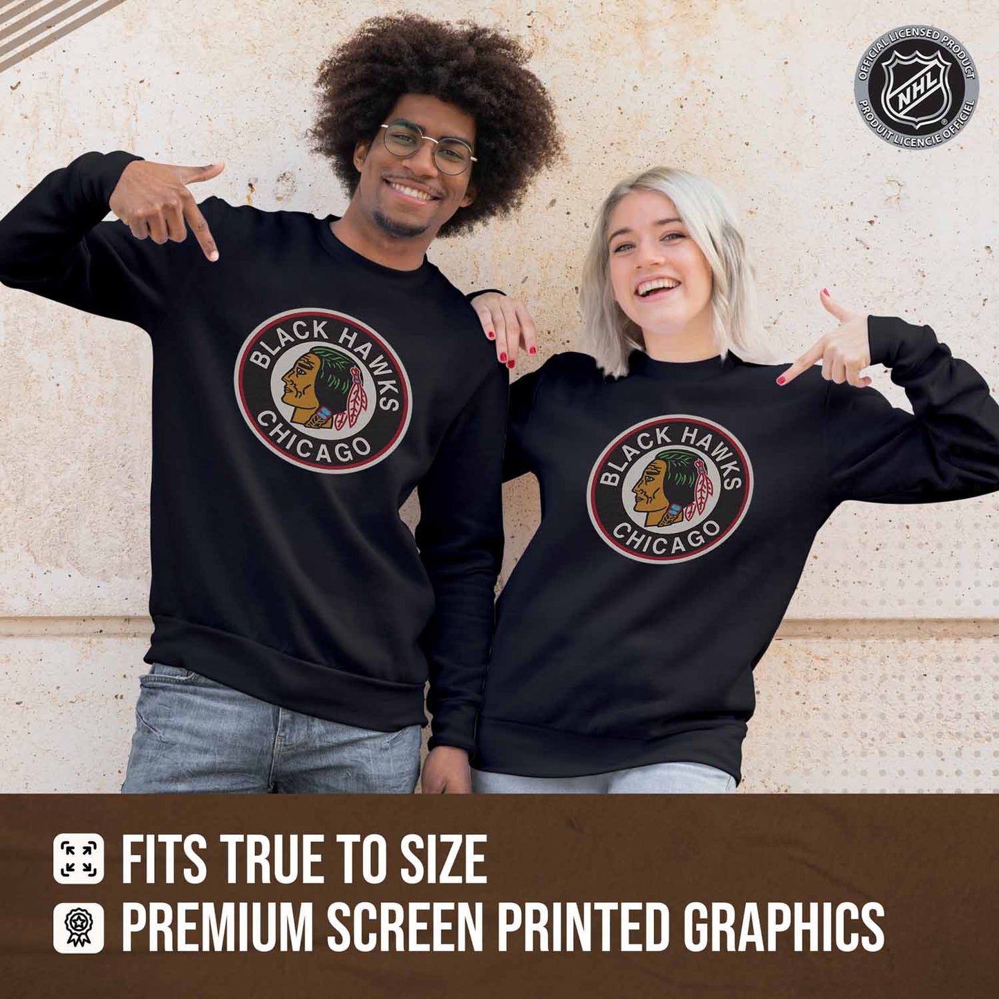 Chicago Blackhawks Adult NHL Retro Logo Hockey Fleece Crewneck Sweatshirt - Black Heather