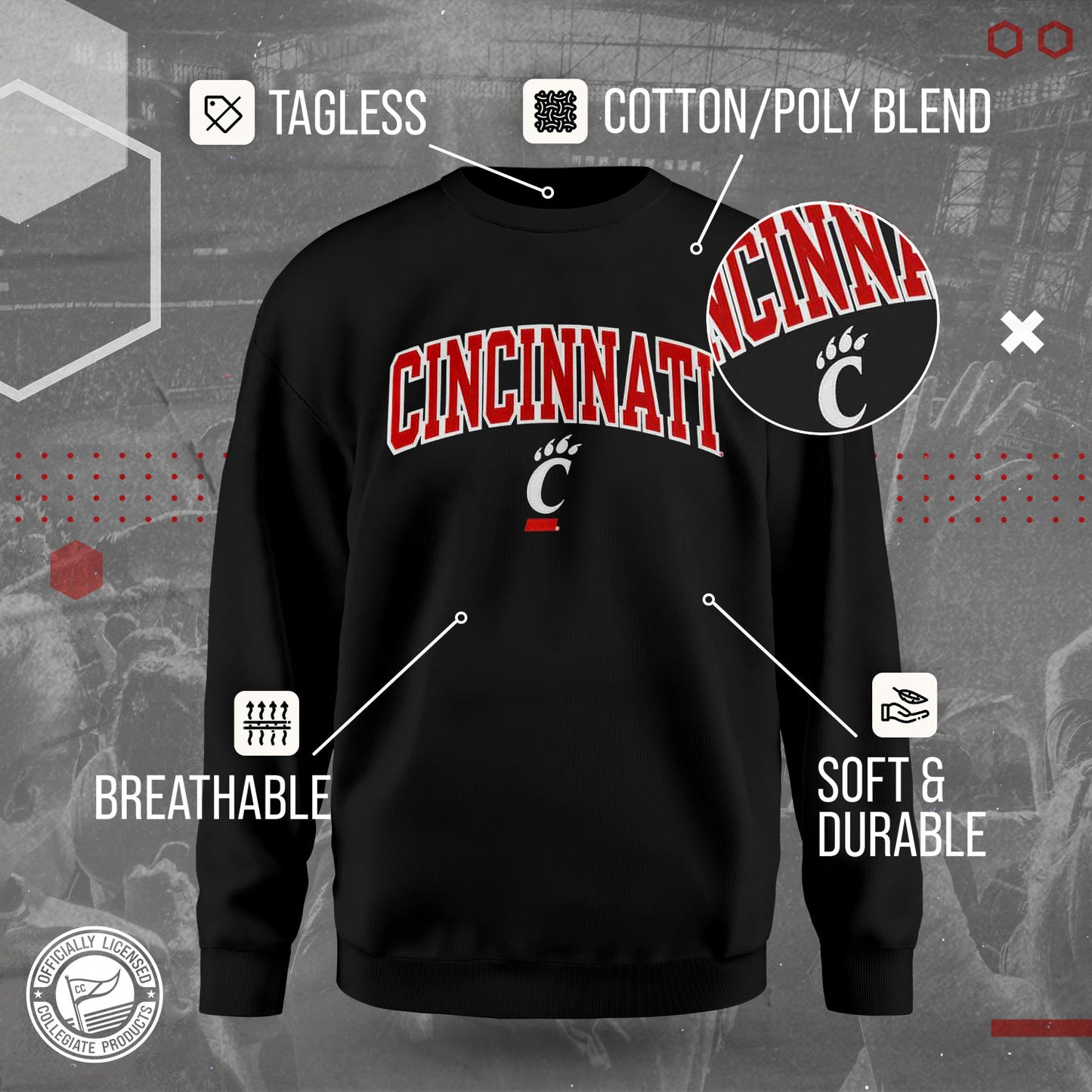 Cincinnati Bearcats Collegiate Adult Tackle Twill Crewneck Sweatshirt - Black