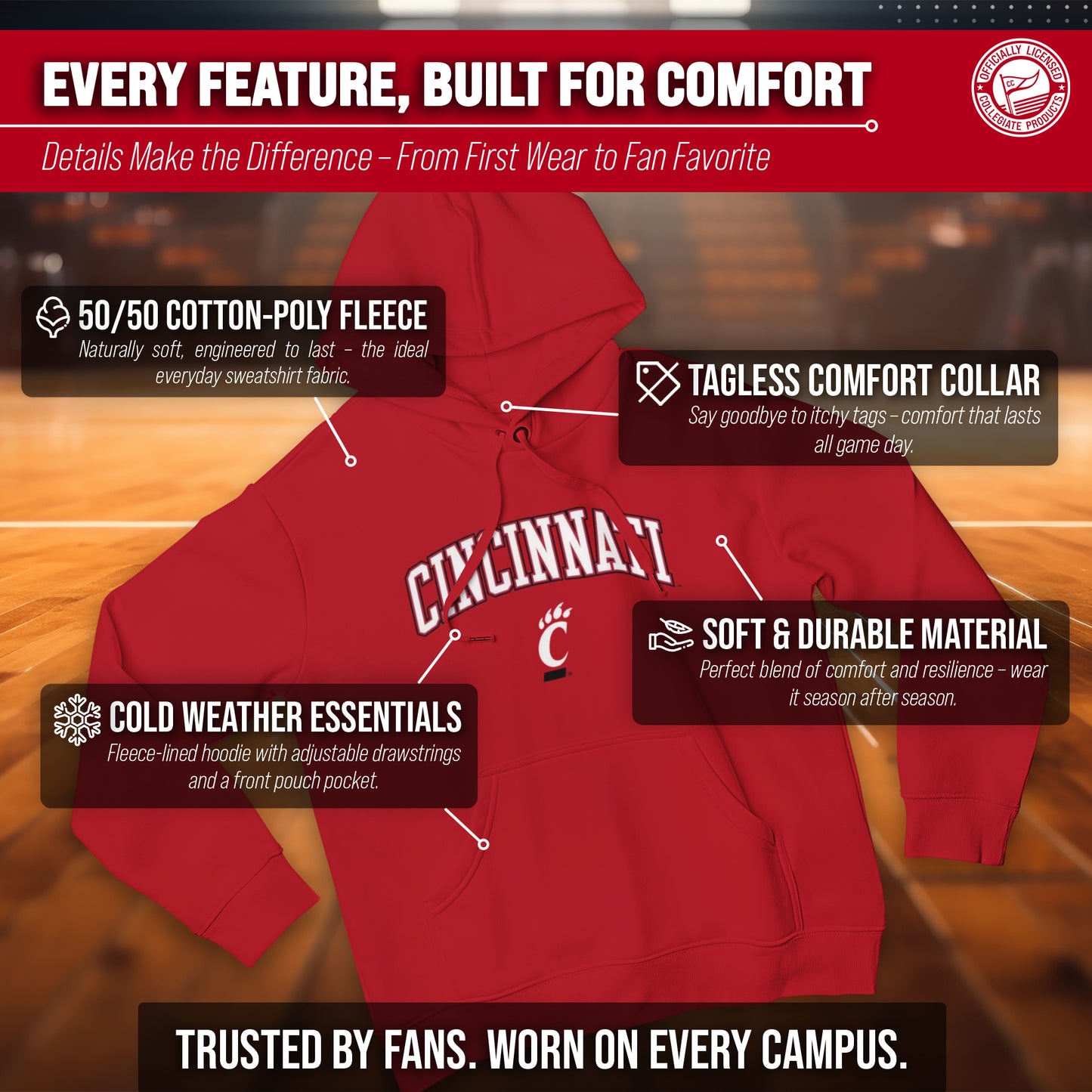 Cincinnati Bearcats Adult Arch & Logo Soft Style Gameday Hooded Sweatshirt - Red