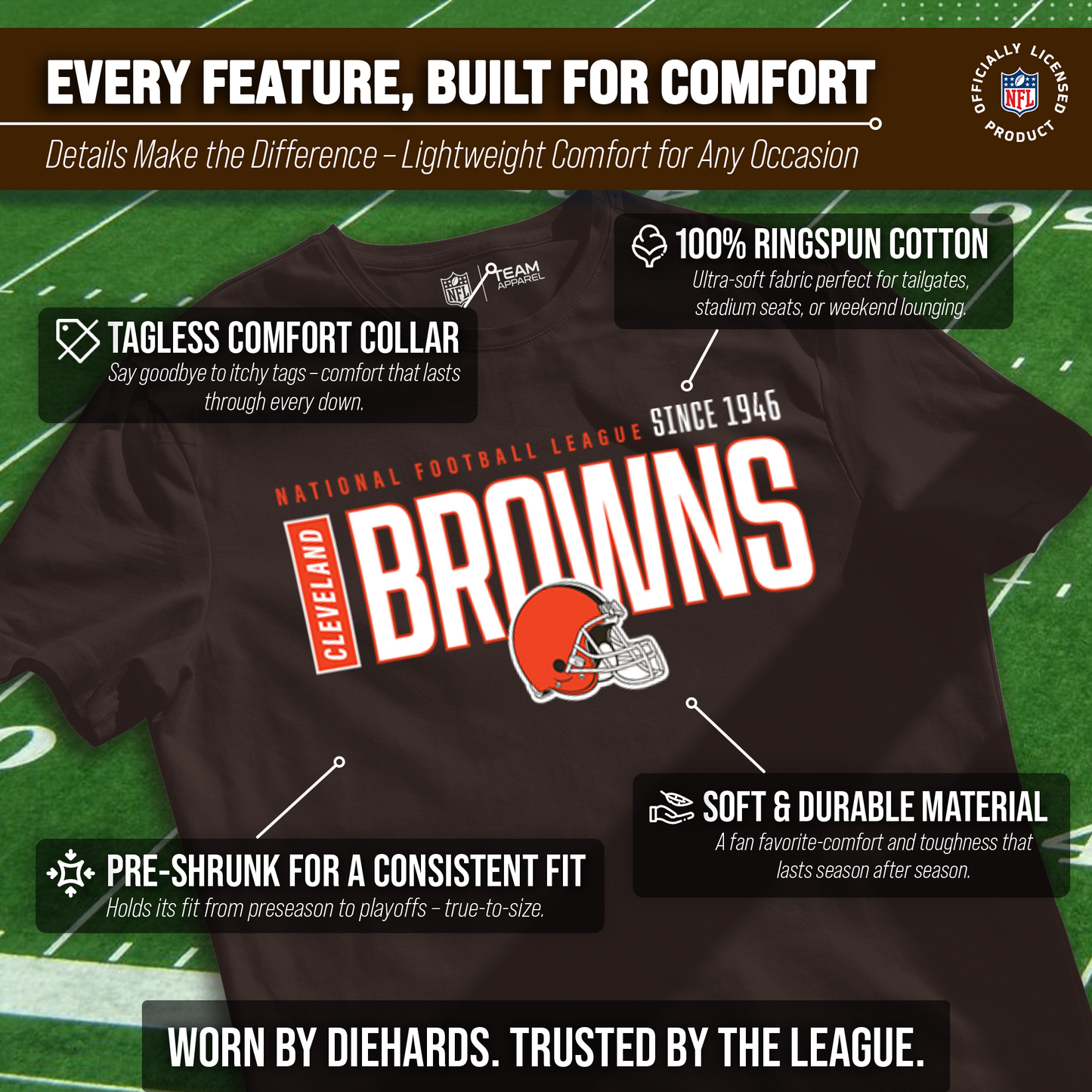 Cleveland Browns NFL Youth Modern Endzone Football T-Shirt Unisex Tag Free Comfortable - Dark Brown