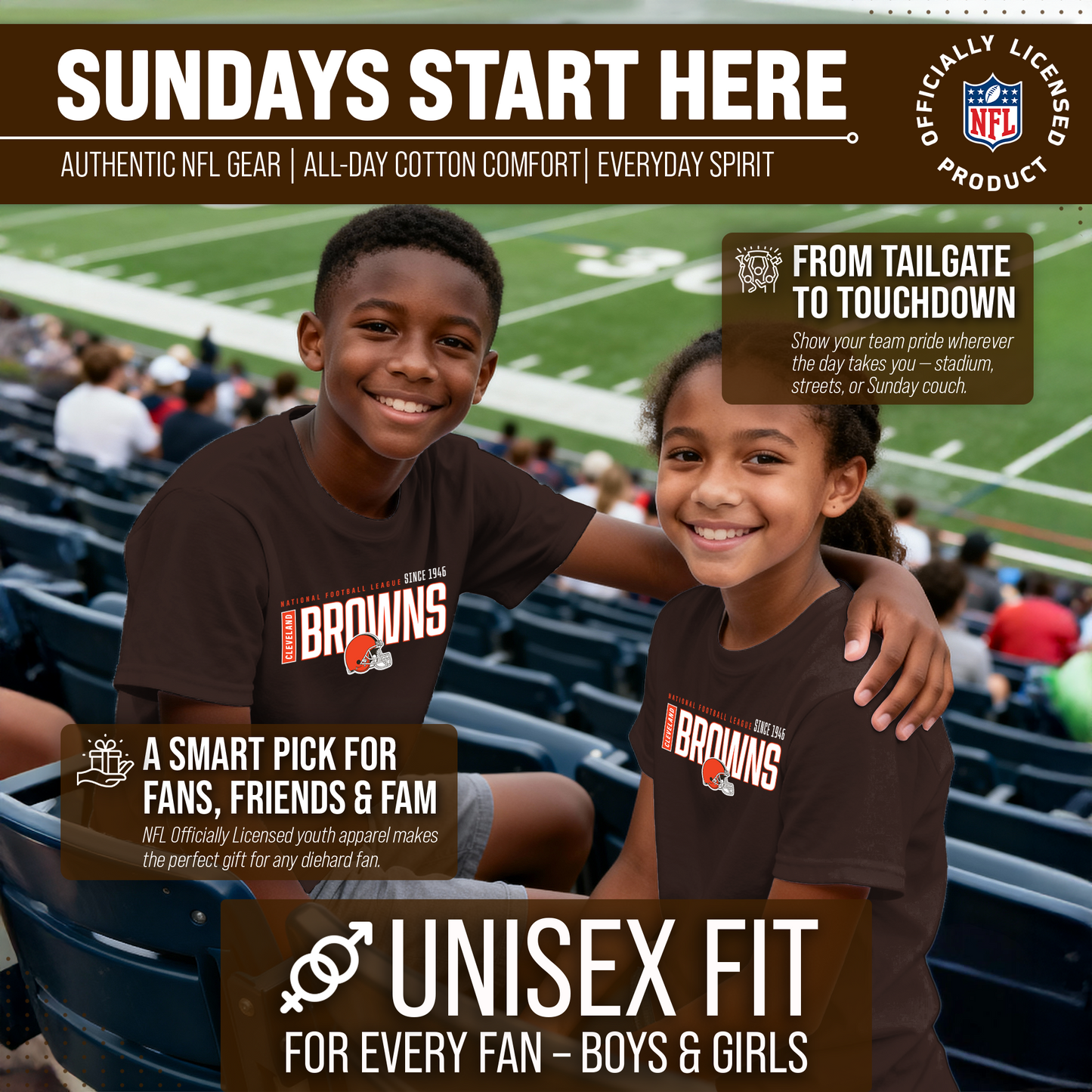 Cleveland Browns NFL Youth Modern Endzone Football T-Shirt Unisex Tag Free Comfortable - Dark Brown