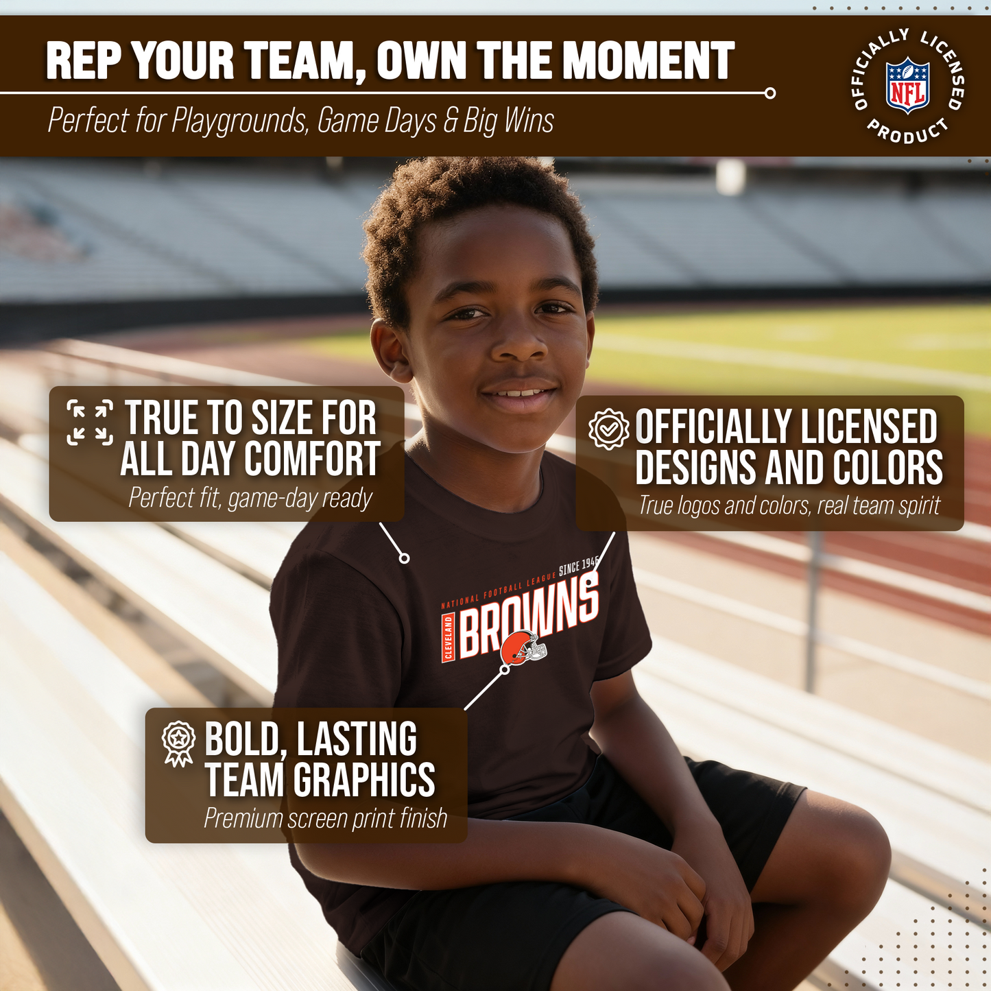 Cleveland Browns NFL Youth Modern Endzone Football T-Shirt Unisex Tag Free Comfortable - Dark Brown