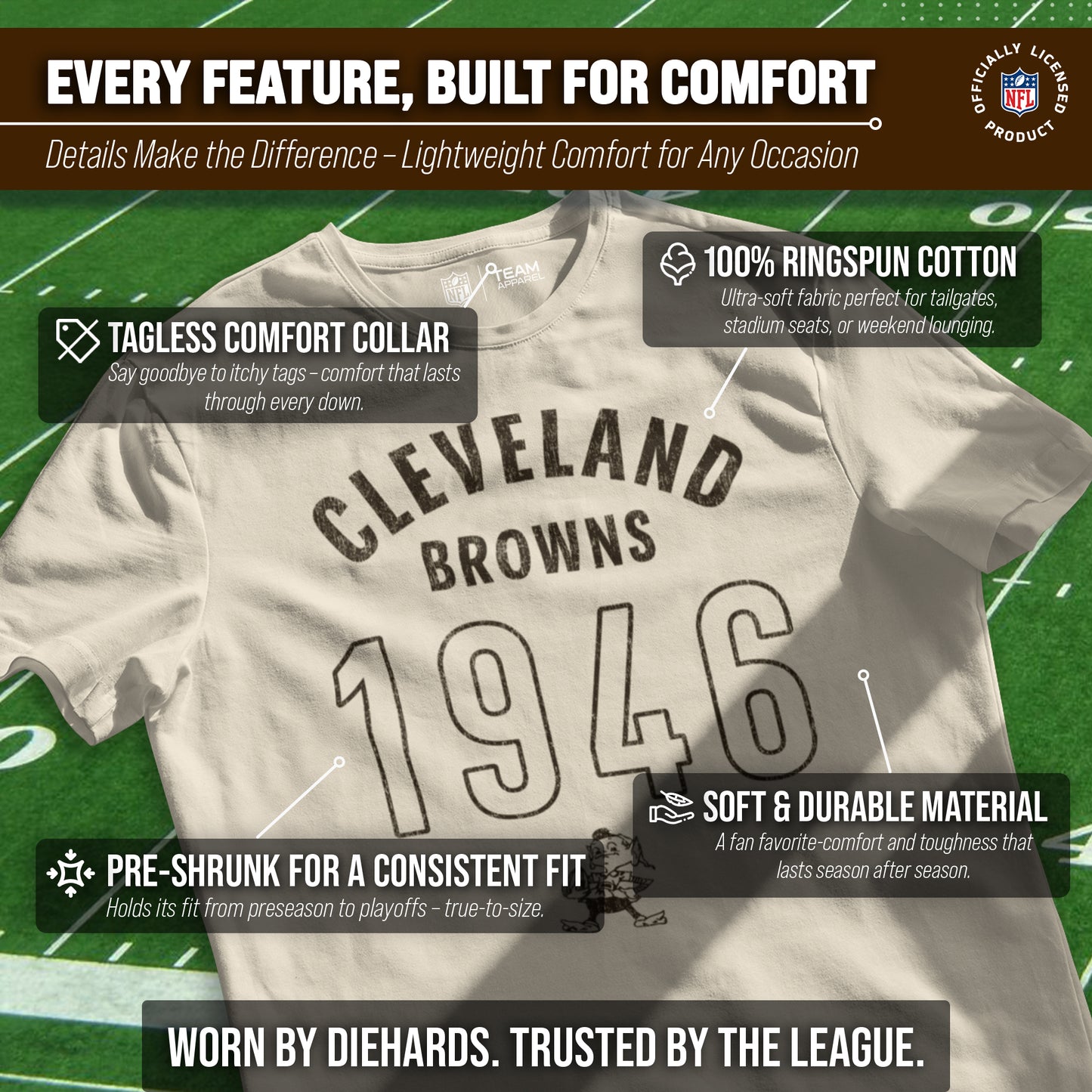 Cleveland Browns NFL Adult Big Date Tag-Less T-Shirt - Natural