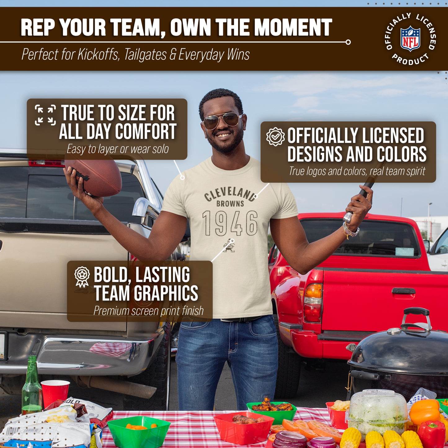 Cleveland Browns NFL Adult Big Date Tag-Less T-Shirt - Natural