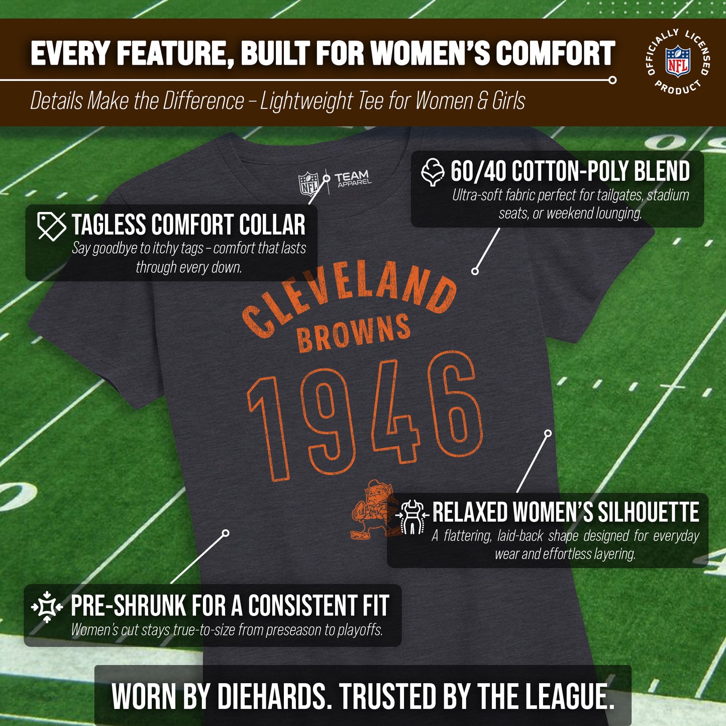 Cleveland Browns NFL Womens Big Date Tag-Less T-Shirt - Charcoal