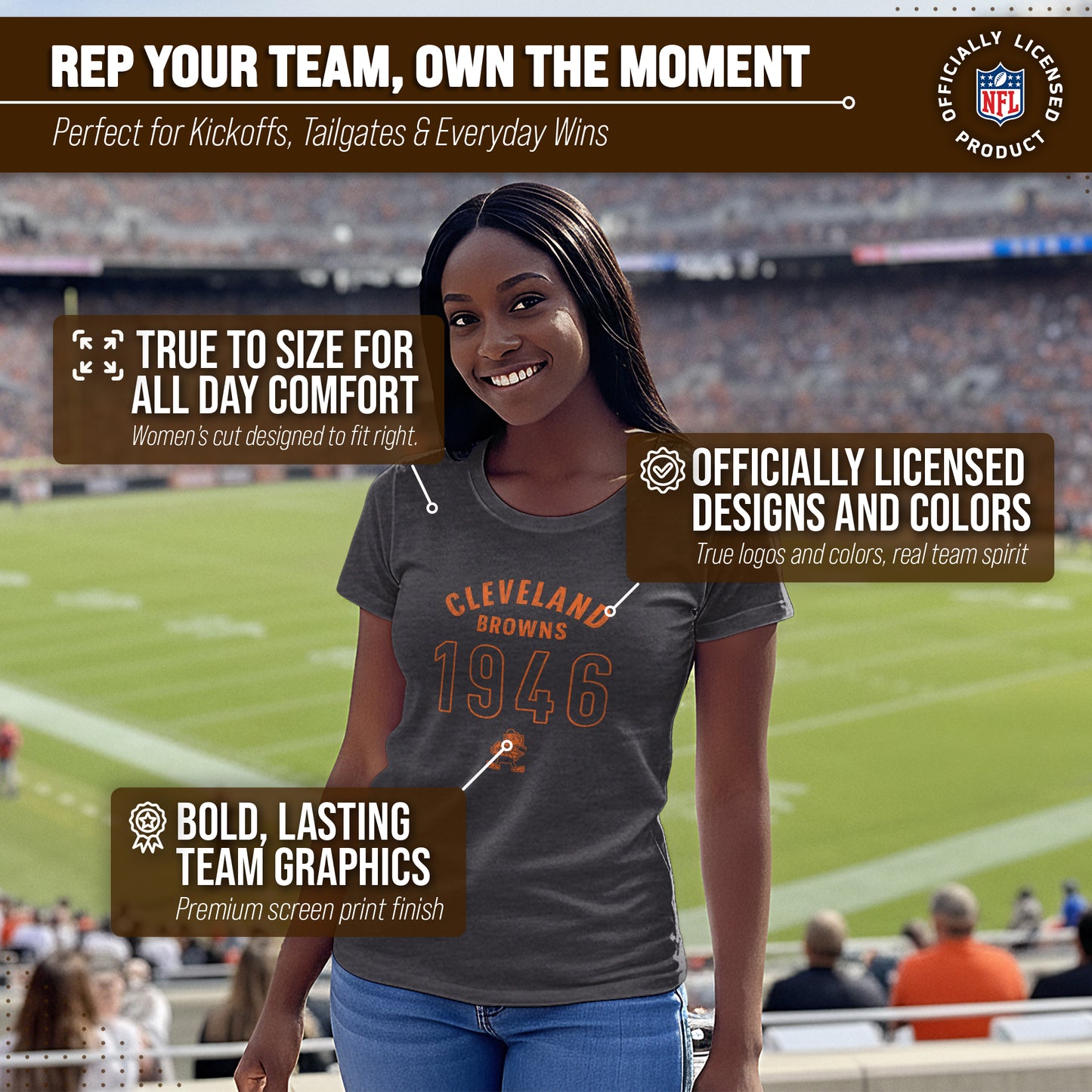 Cleveland Browns NFL Womens Big Date Tag-Less T-Shirt - Charcoal