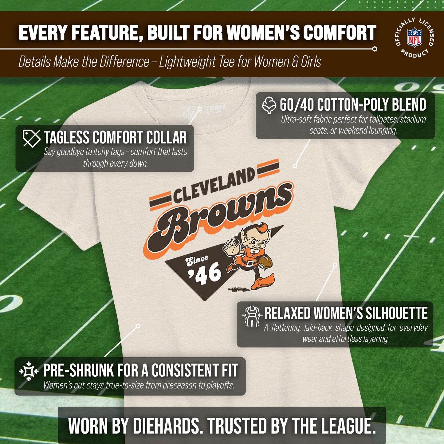Cleveland Browns NFL Womens Vintage Charm Tag-Less Soft T-Shirt - Birch