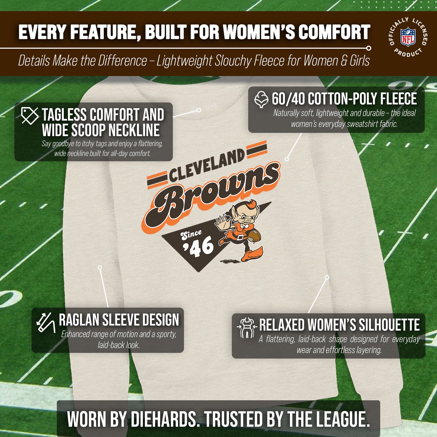 Cleveland Browns NFL Womens Vintage Charm Slouchy Crewneck - Birch