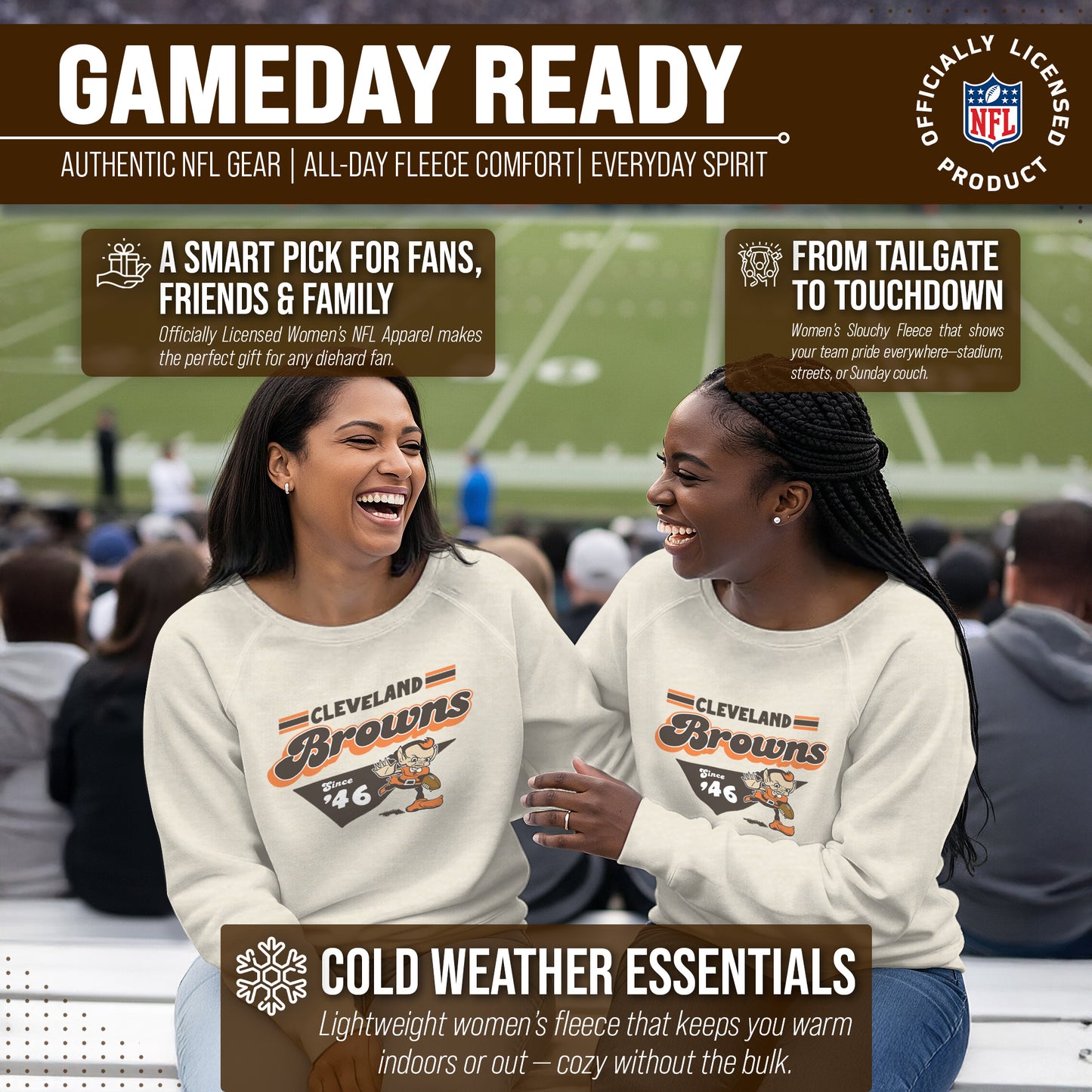 Cleveland Browns NFL Womens Vintage Charm Slouchy Crewneck - Birch