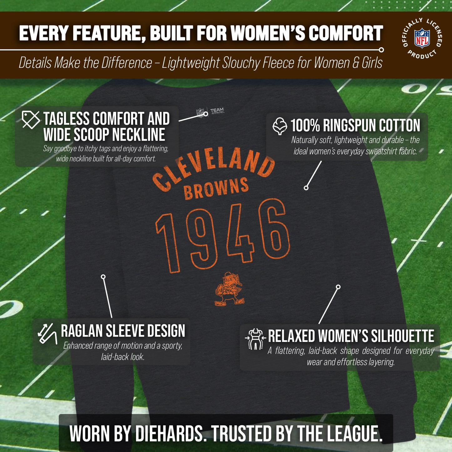 Cleveland Browns NFL Womens Big Date French Terry Slouchy Top - Charcoal
