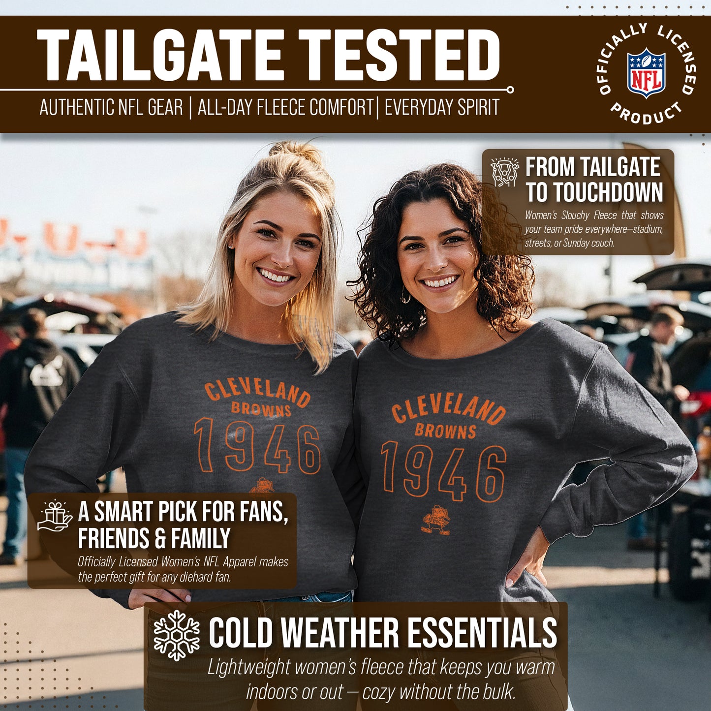 Cleveland Browns NFL Womens Big Date French Terry Slouchy Top - Charcoal