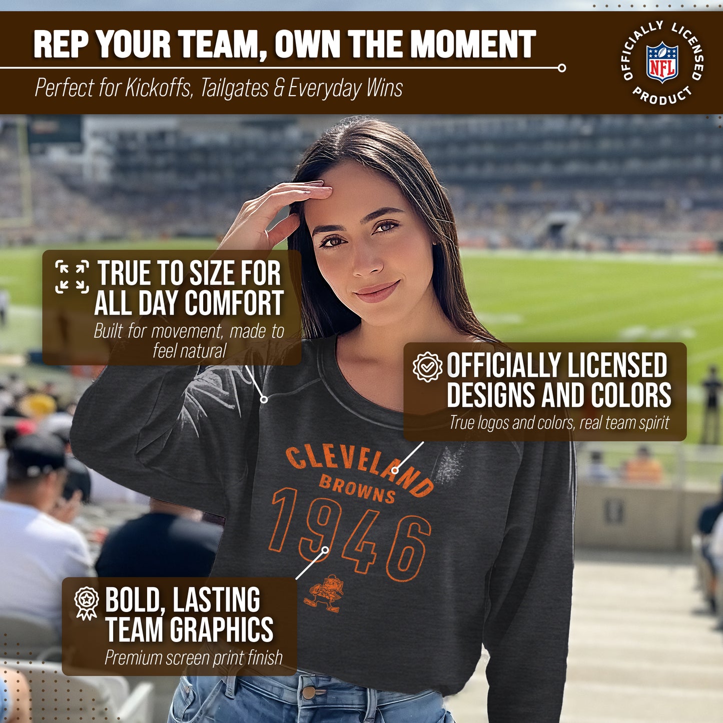 Cleveland Browns NFL Womens Big Date French Terry Slouchy Top - Charcoal