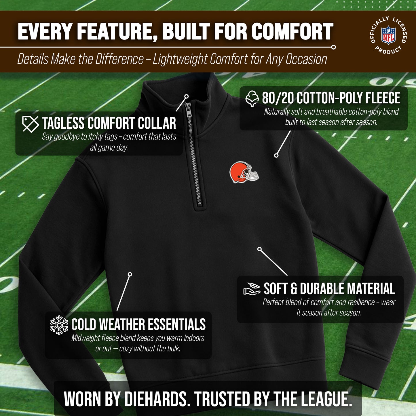 Cleveland Browns NFL Adult Unisex Team Logo Quarter Zip Pullover Sweatshirt - Black