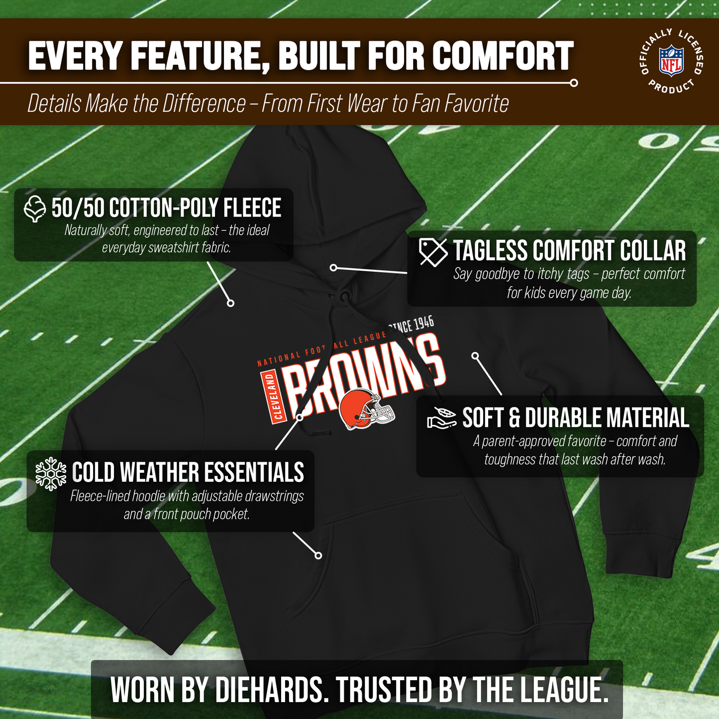 Cleveland Browns NFL Adult Unisex Modern Endzone Soft Fleece Hooded Sweatshirt - Black