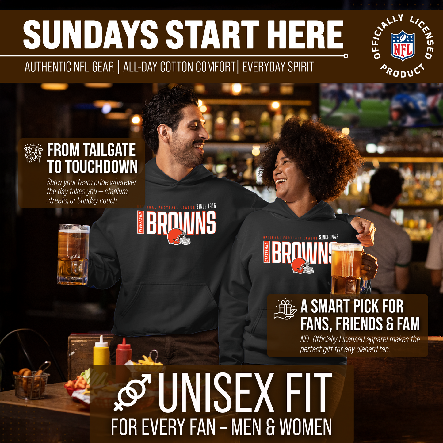 Cleveland Browns NFL Adult Unisex Modern Endzone Soft Fleece Hooded Sweatshirt - Black