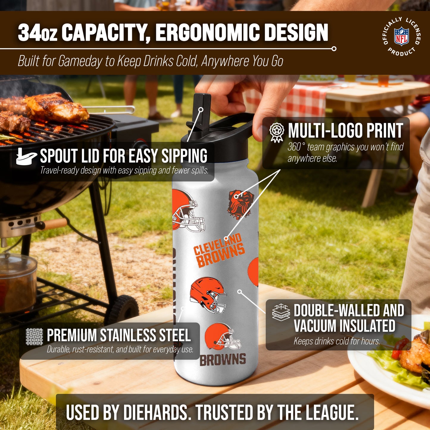 Cleveland Browns NFL 34oz Quencher Stainless Steel Insulated Water Bottle - White