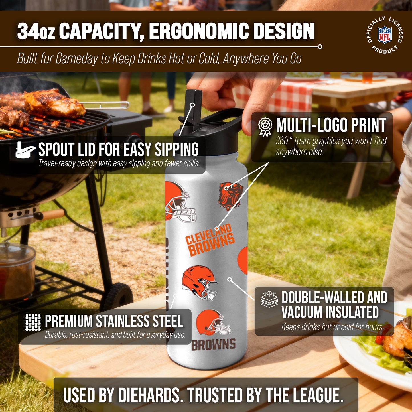 Cleveland Browns NFL 34Oz Native Quencher Water Bottle - White