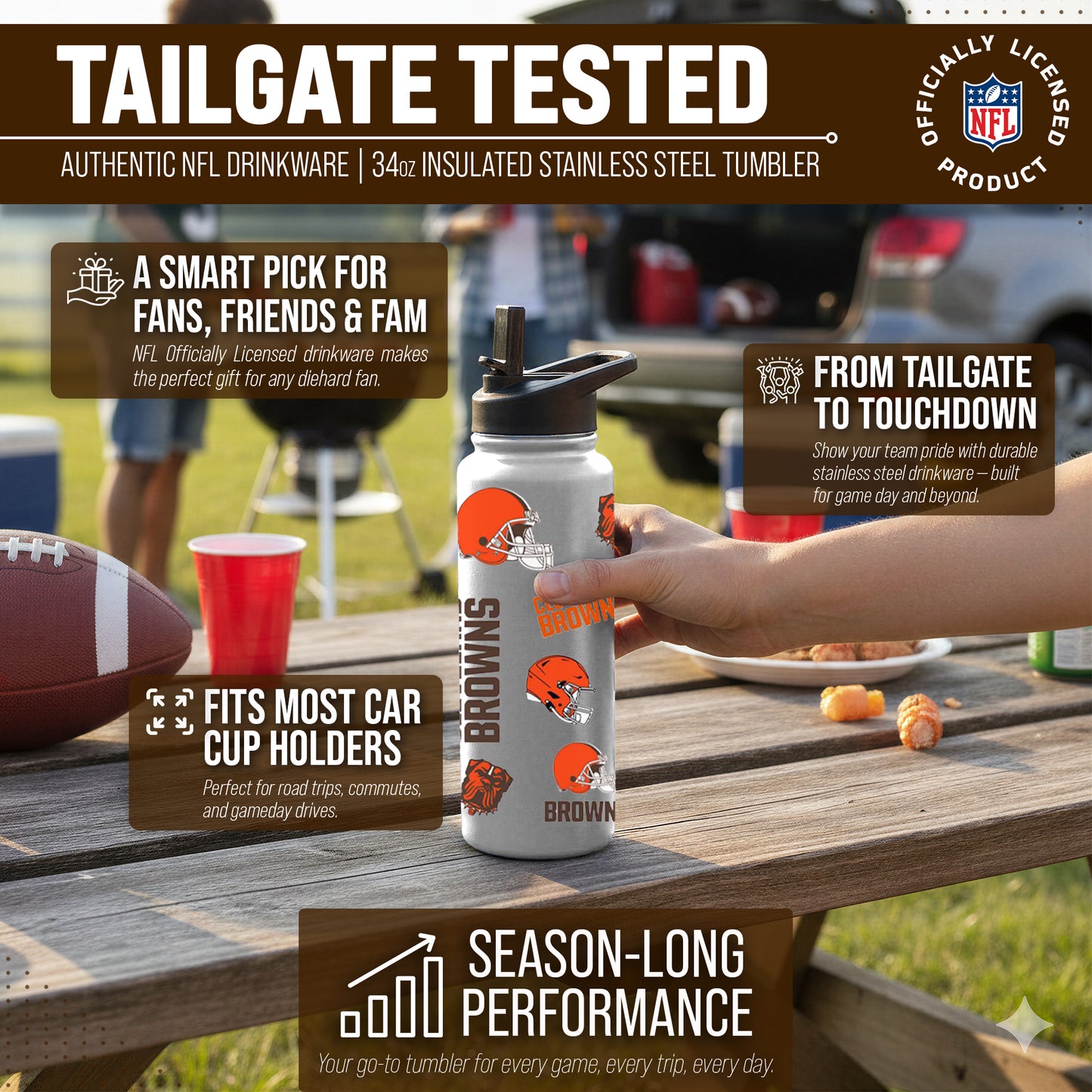 Cleveland Browns NFL 34Oz Native Quencher Water Bottle - White