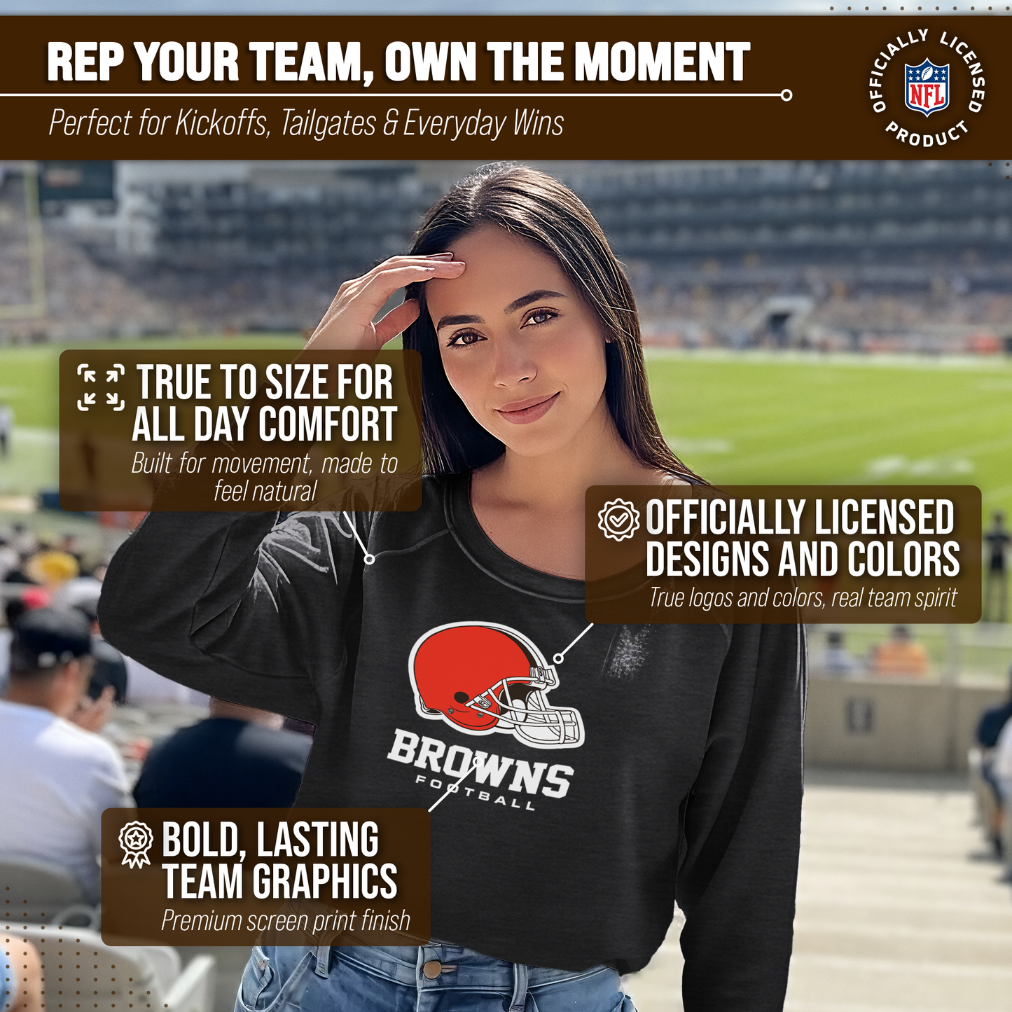 Cleveland Browns Women's NFL Ultimate Fan Logo Slouchy Crewneck -Tagless Fleece Lightweight Pullover - Charcoal