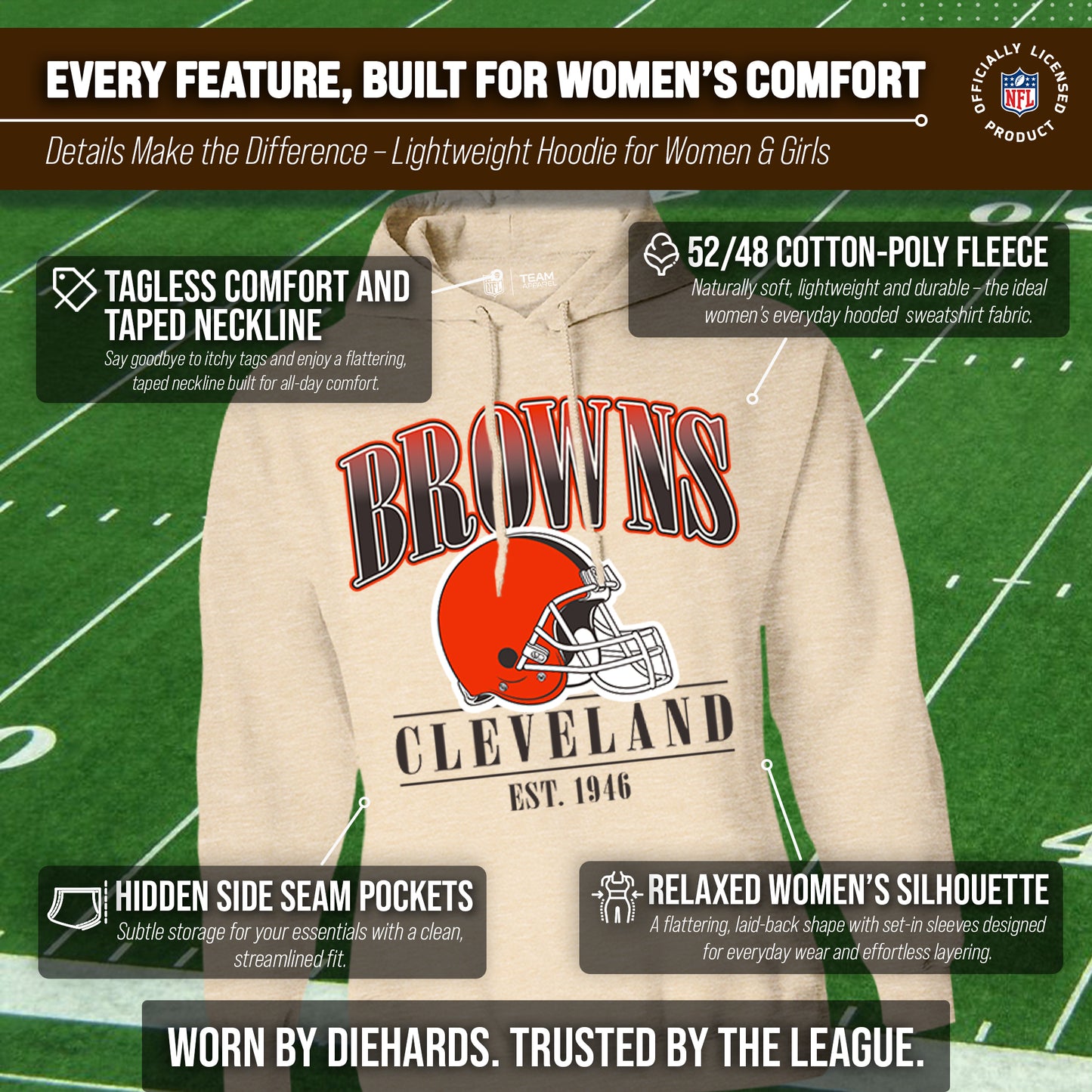 Cleveland Browns Ladies NFL Starstruck Fleece Pullover Hooded Sweatshirt - Cream