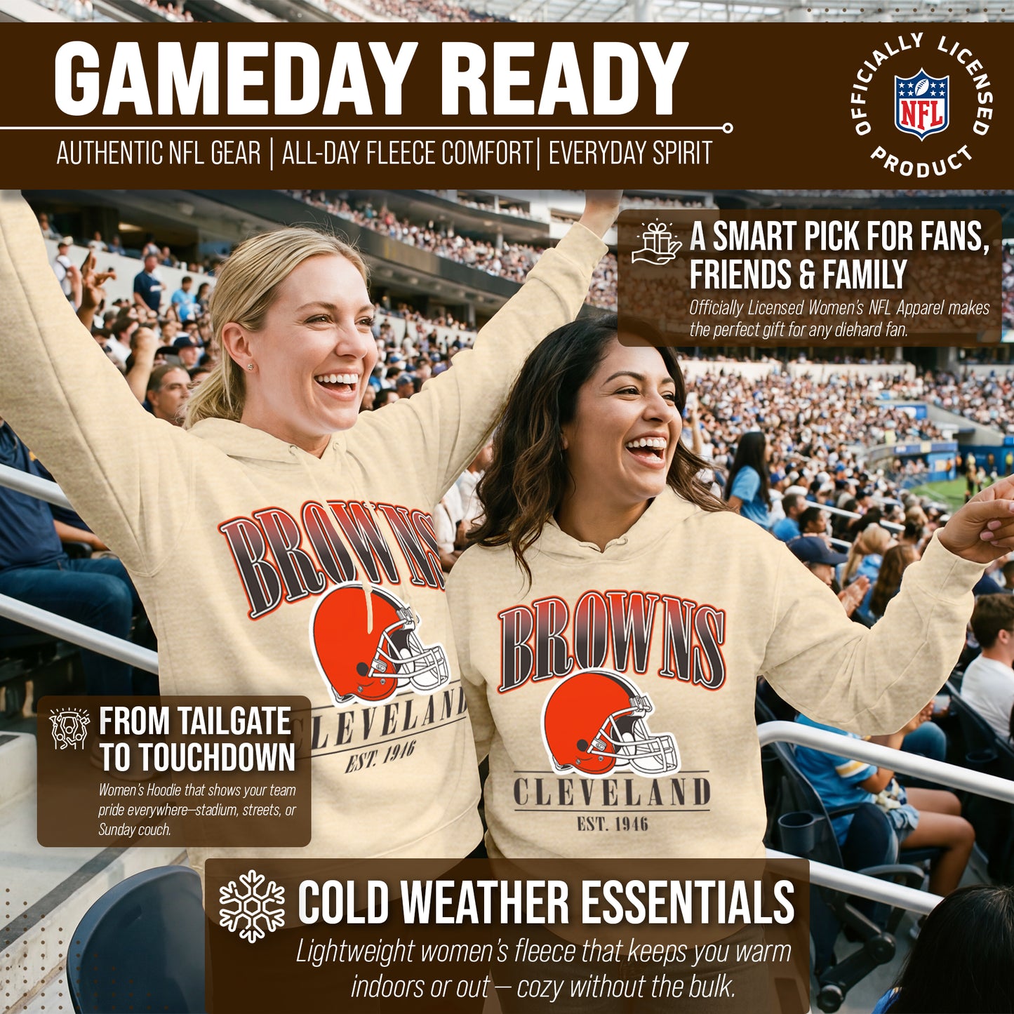 Cleveland Browns Ladies NFL Starstruck Fleece Pullover Hooded Sweatshirt - Cream