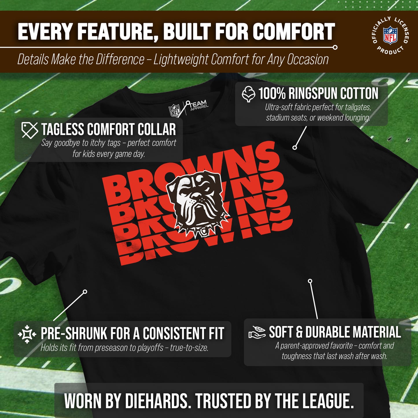 Cleveland Browns NFL Youth Repeating Logo Football T-Shirt Unisex Tag Free Comfortable - Black