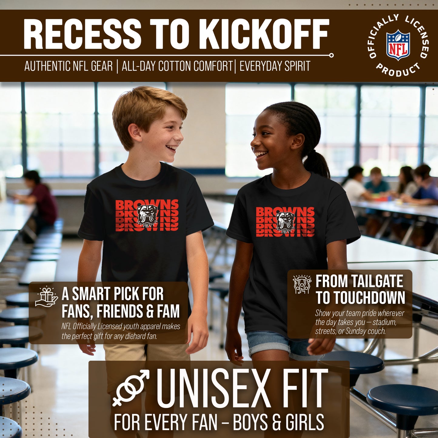 Cleveland Browns NFL Youth Repeating Logo Football T-Shirt Unisex Tag Free Comfortable - Black