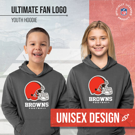 Cleveland Browns Youth NFL Ultimate Fan Logo Fleece Hooded Sweatshirt -Tagless Football Pullover For Kids - Charcoal