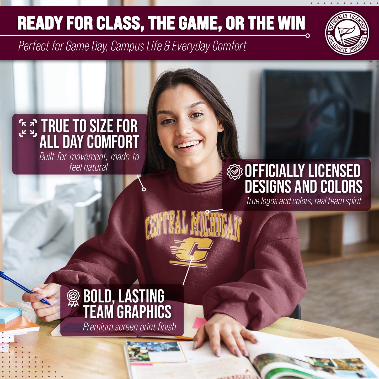 Central Michigan Chippewas Adult Arch & Logo Soft Style Gameday Crewneck Sweatshirt - Maroon