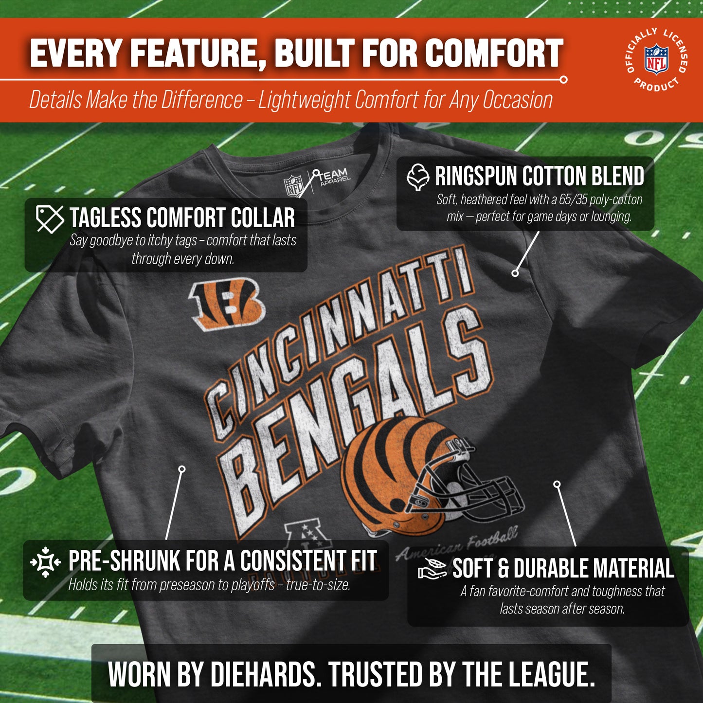 Cincinnati Bengals NFL Adult Distressed Helmet Tag-Less T-Shirt - Heather Charcoal