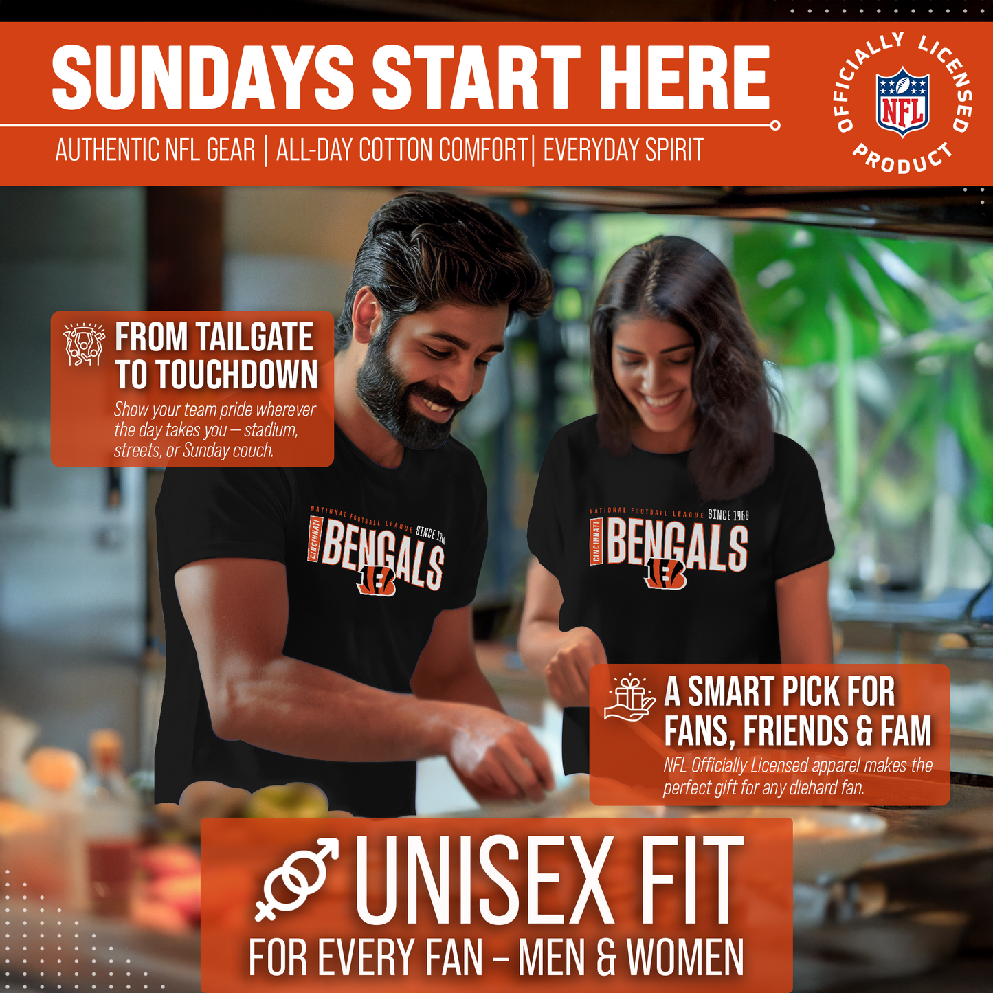 Cincinnati Bengals NFL Adult Modern Endzone Tag-Less T-Shirt - Black