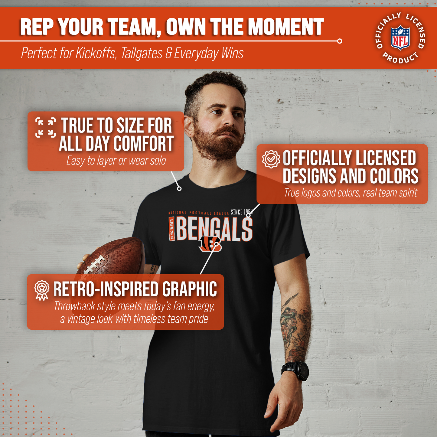 Cincinnati Bengals NFL Adult Modern Endzone Tag-Less T-Shirt - Black