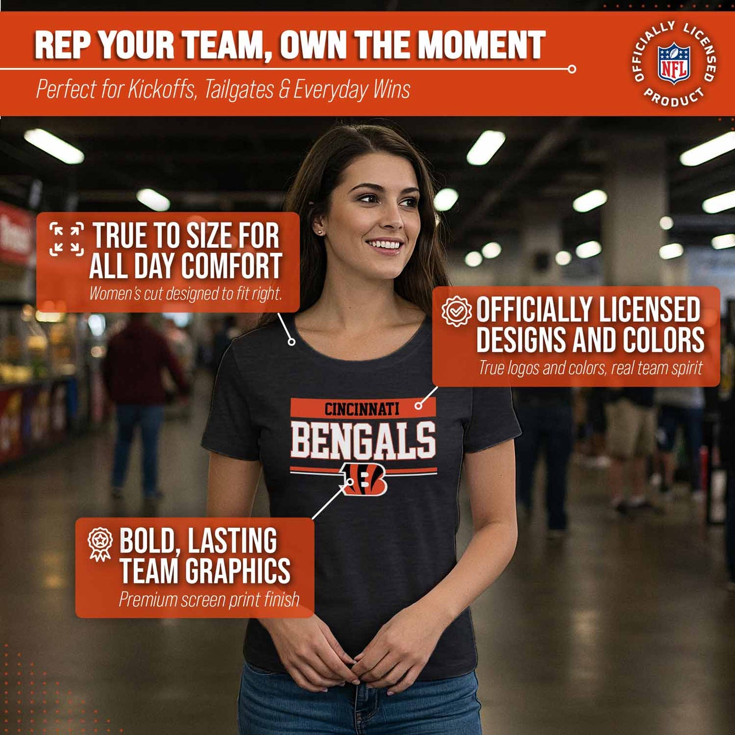 Cincinnati Bengals NFL Women's Team Block Charcoal Tagless T-Shirt - Charcoal