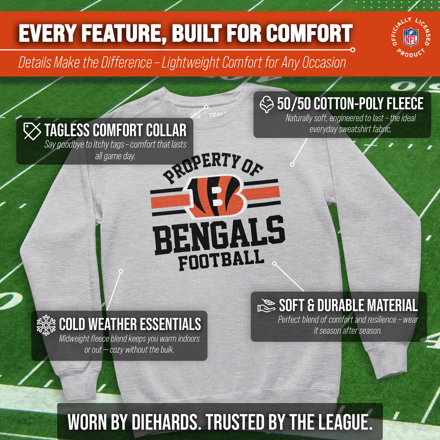 Cincinnati Bengals NFL Adult Property Of Crewneck Fleece Sweatshirt - Sport Gray