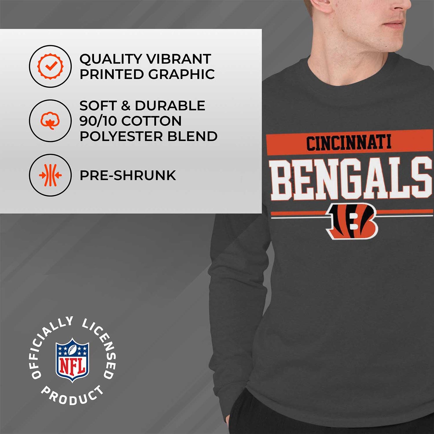 Cincinnati Bengals NFL Adult Charcoal Long Sleeve T Shirt - Charcoal