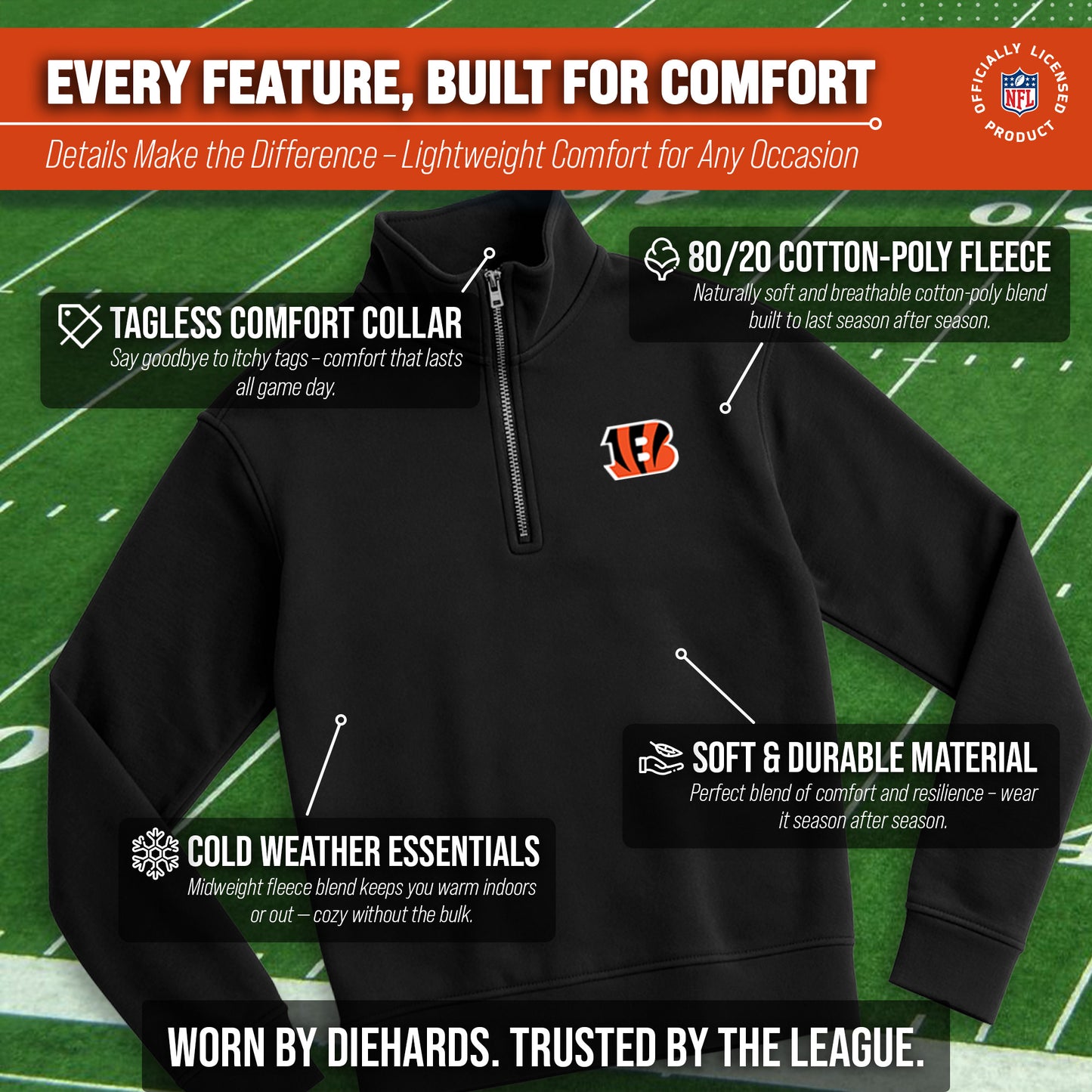 Cincinnati Bengals NFL Adult Unisex Team Logo Quarter Zip Pullover Sweatshirt - Black