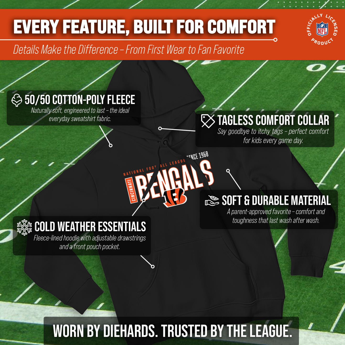 Cincinnati Bengals NFL Adult Unisex Modern Endzone Soft Fleece Hooded Sweatshirt - Black