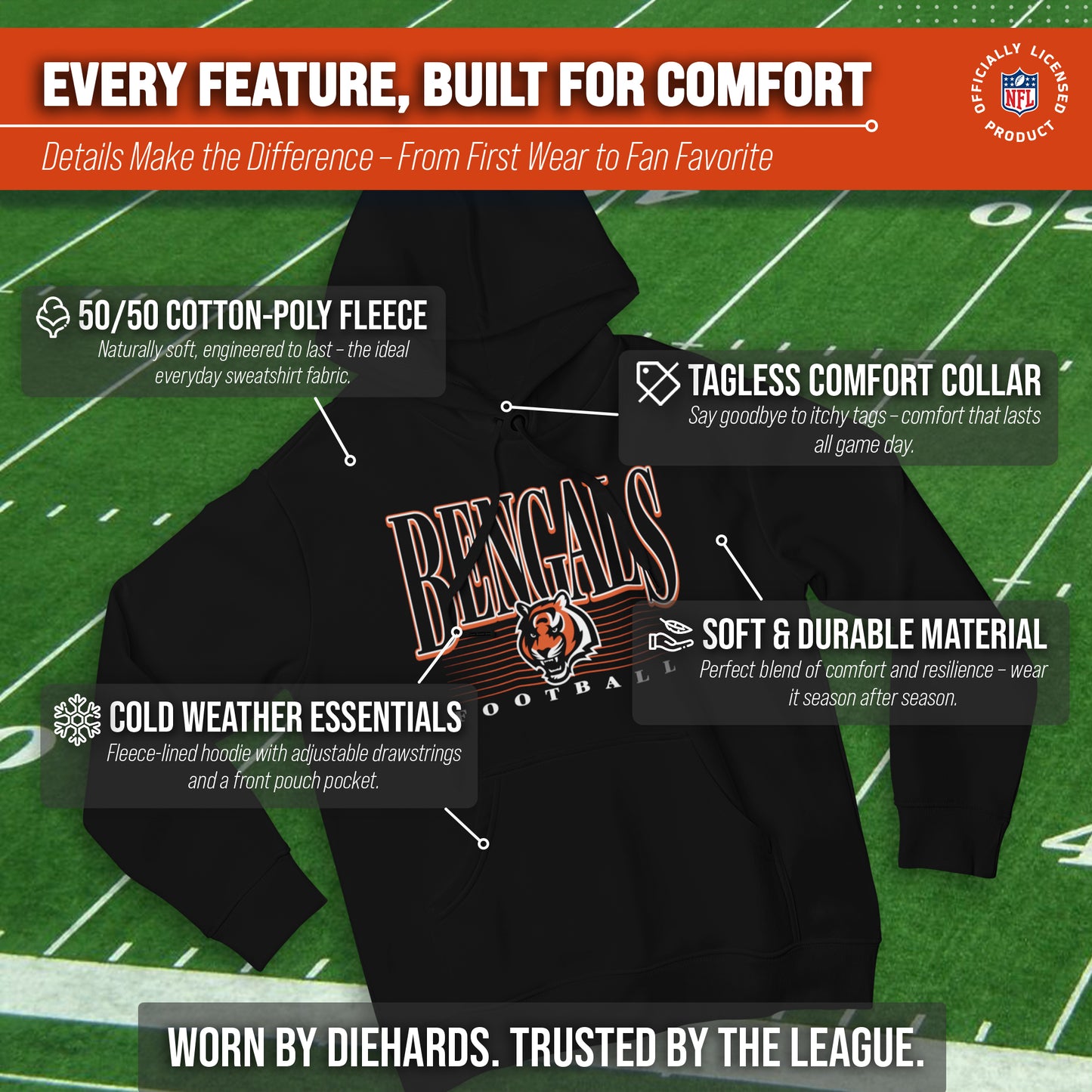 Cincinnati Bengals NFL Adult Unisex Overtime Blueprint Soft Fleece Hooded Sweatshirt - Black