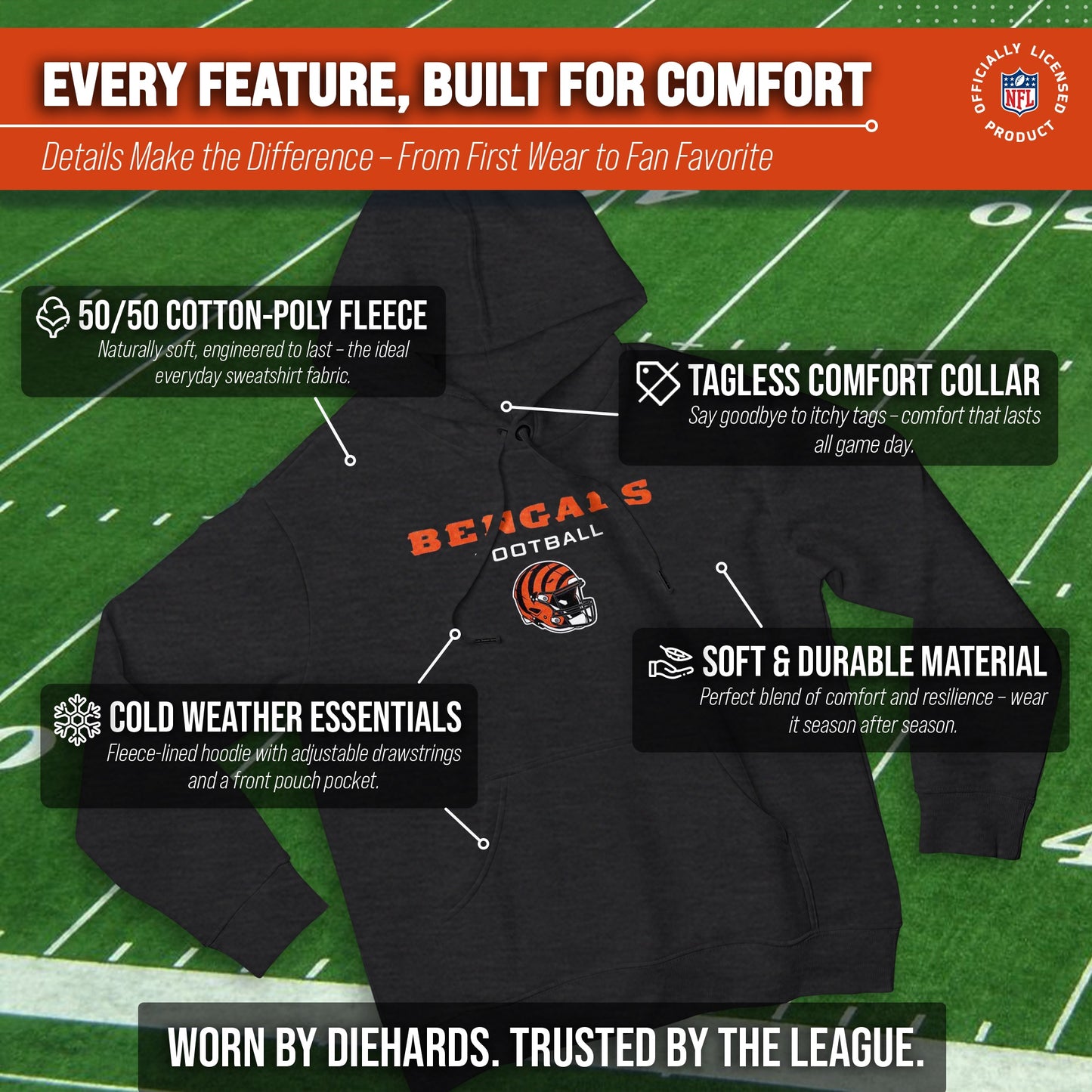 Cincinnati Bengals Adult NFL Football Helmet Heather Hooded Sweatshirt  - Charcoal