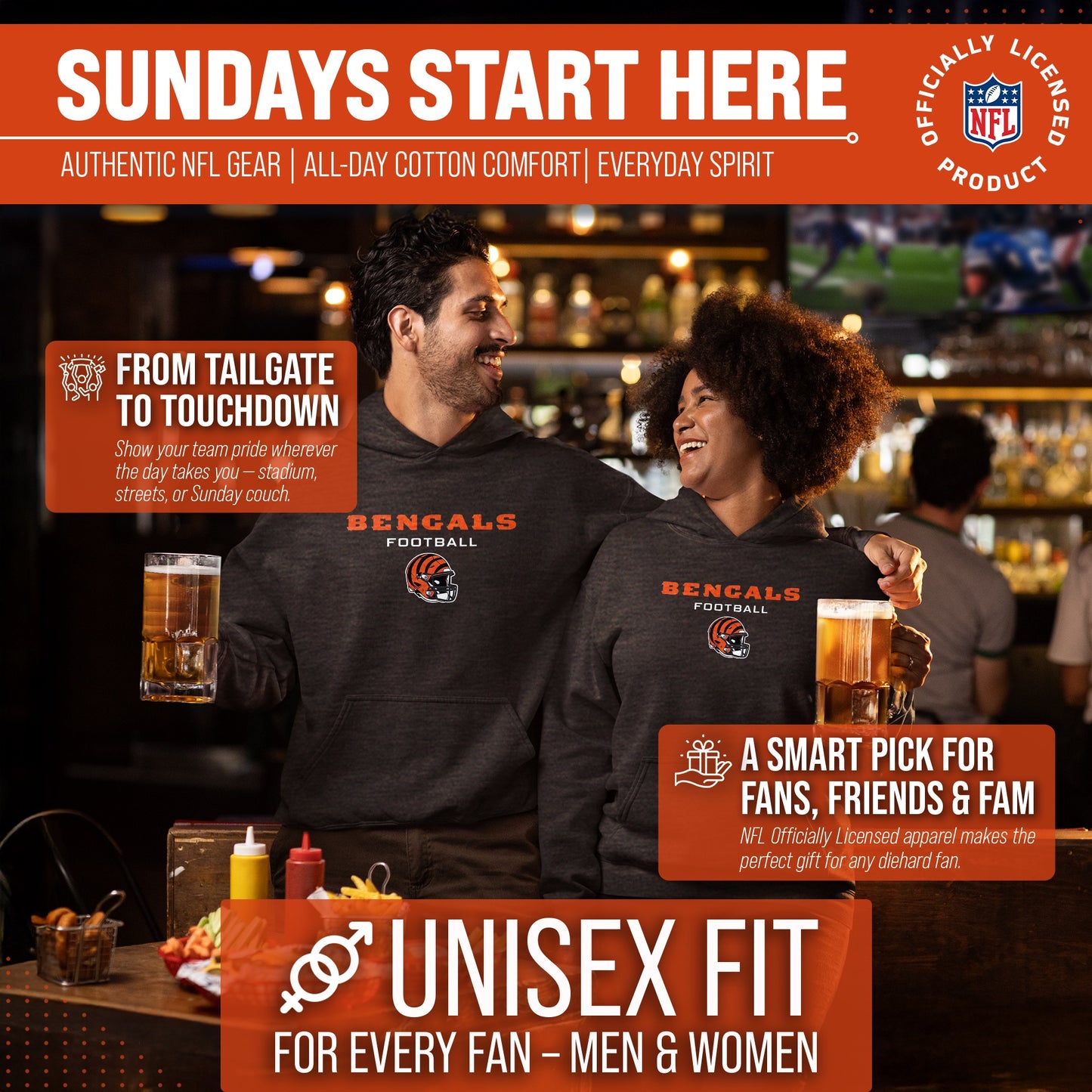 Cincinnati Bengals Adult NFL Football Helmet Heather Hooded Sweatshirt  - Charcoal