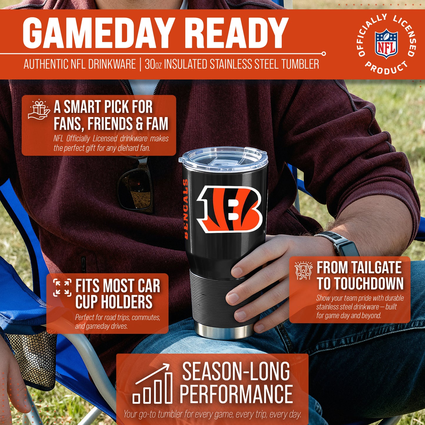 Cincinnati Bengals NFL 30oz Gameday Stainless Steel Tumbler - Black